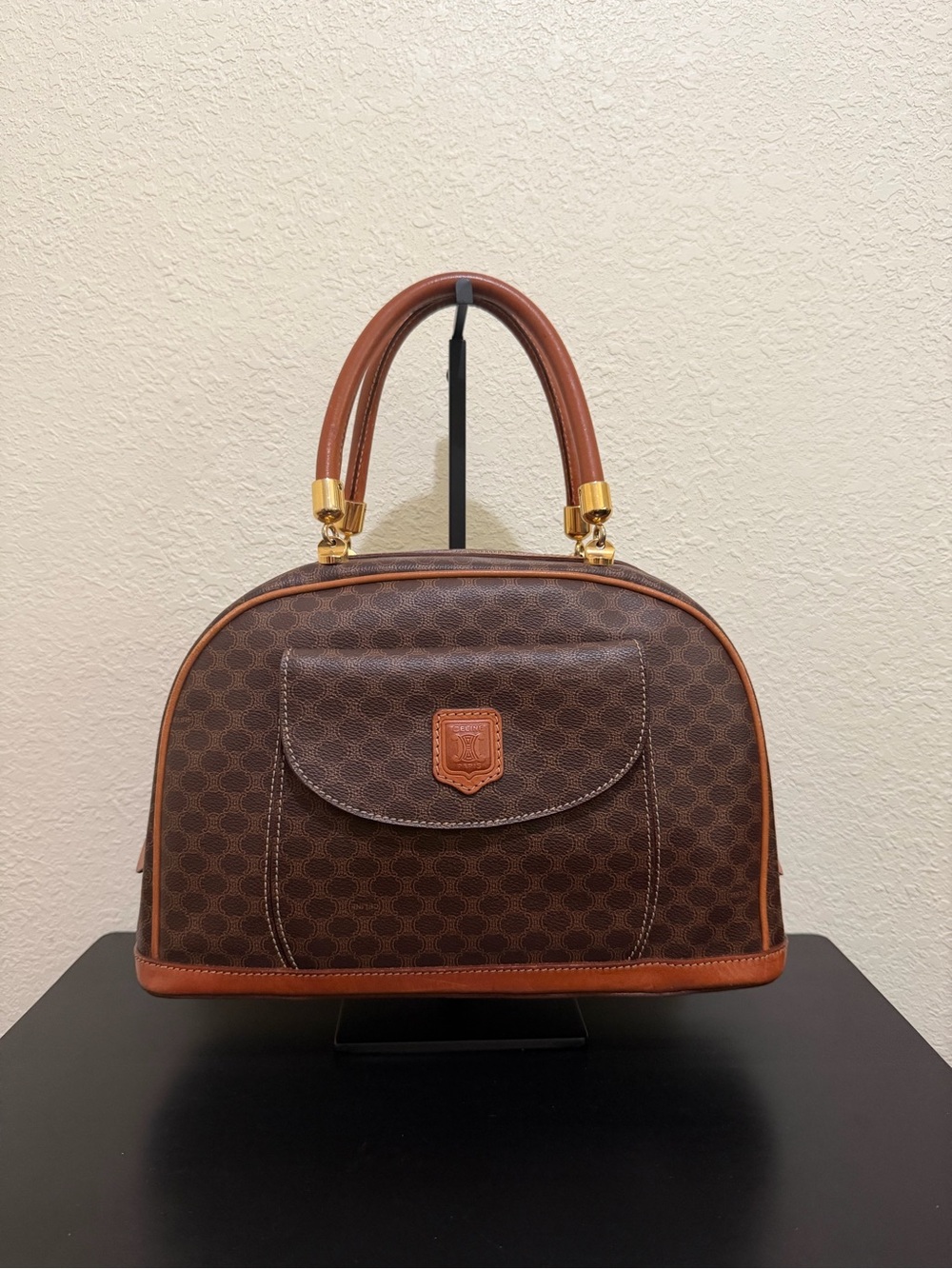 Celine Brown Monogram Dome Satchel with Tan Trim